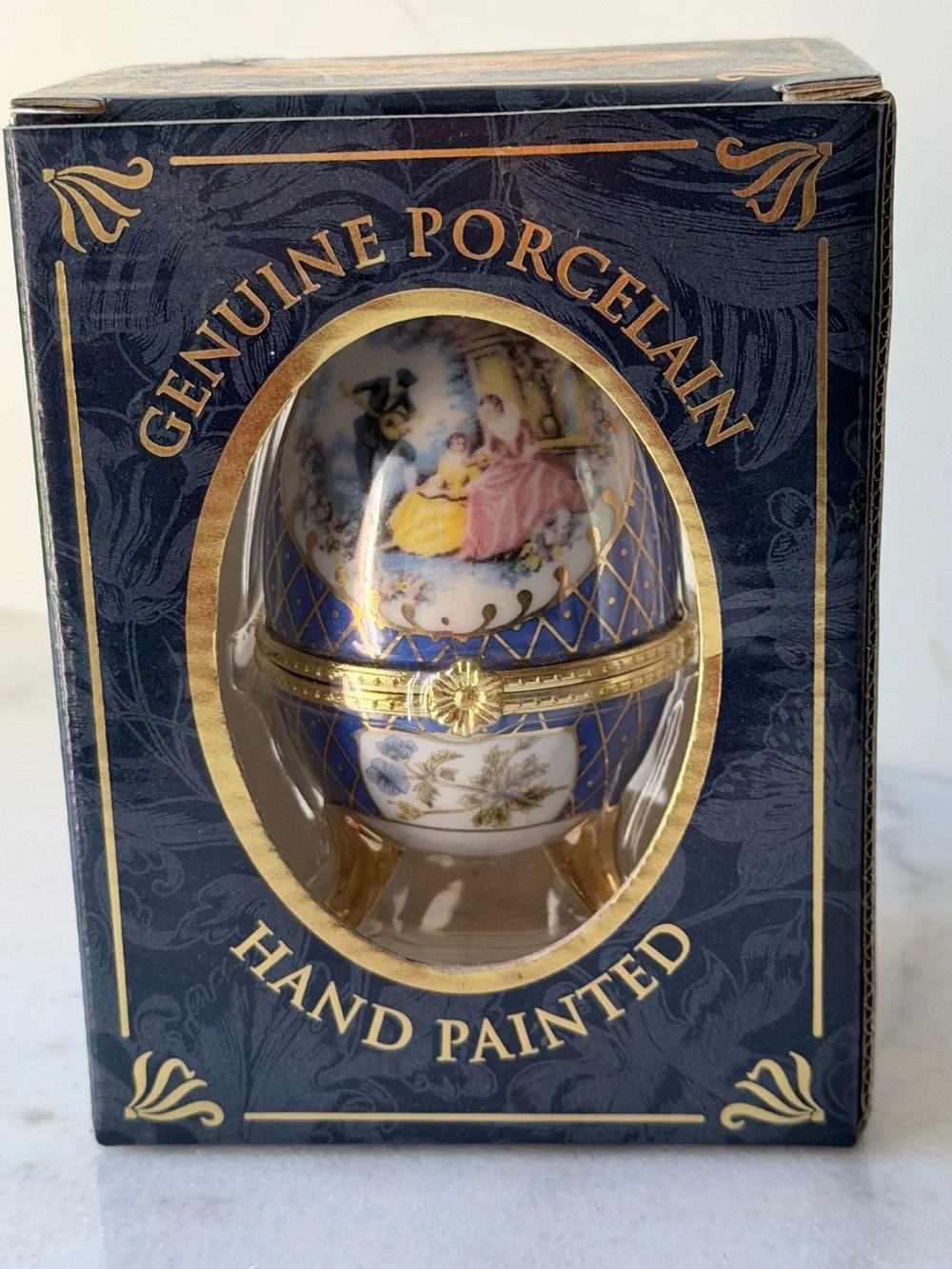 Blue Decorative Porcelain Egg Trinket Box with Gold Accents